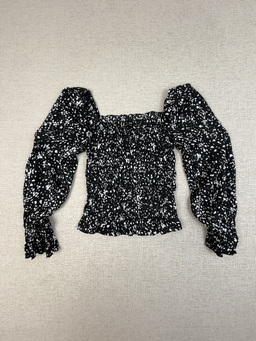 A New Day Women’s XS Black White Print Smocked Puff Sleeve Blouse